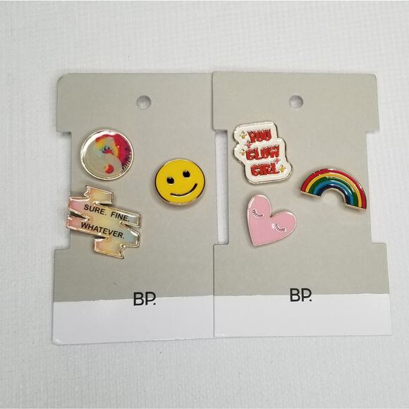 Nordstrom Bp 2 Sets of 3 Pins Girl Rainbow Smile Face Heart - Picture 1 of 4